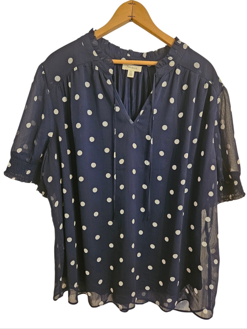 Tamara H Polka Dot Navy Blouse Short Sleeve Vneck Top Sz 2X